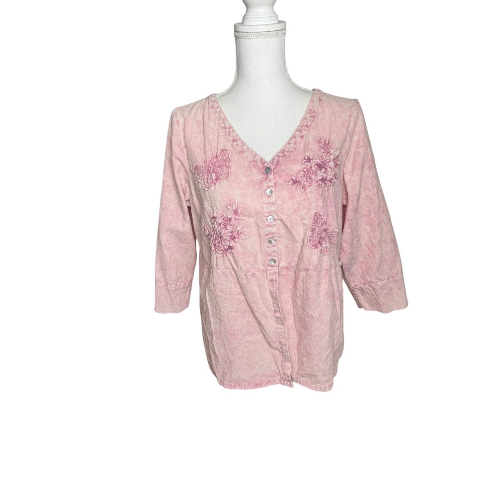 April Cornell Pink Acid‎ Wash Embroidered Butterfly Floral Cotton Blouse Small